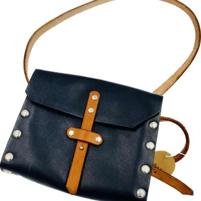 Sac JRM  Mamylene en cuir pleine fleur et bois, couleur bleu petit modèle