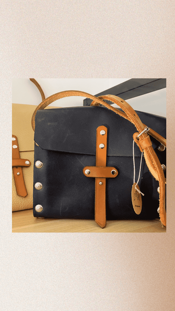 Sac JRM  Mamylene en cuir pleine fleur et bois, couleur bleu petit modèle – Image 2